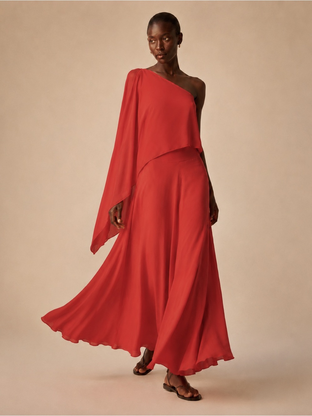 Zara Red One Shoulder Cape Top & Maxi Skirt Set. L NWT